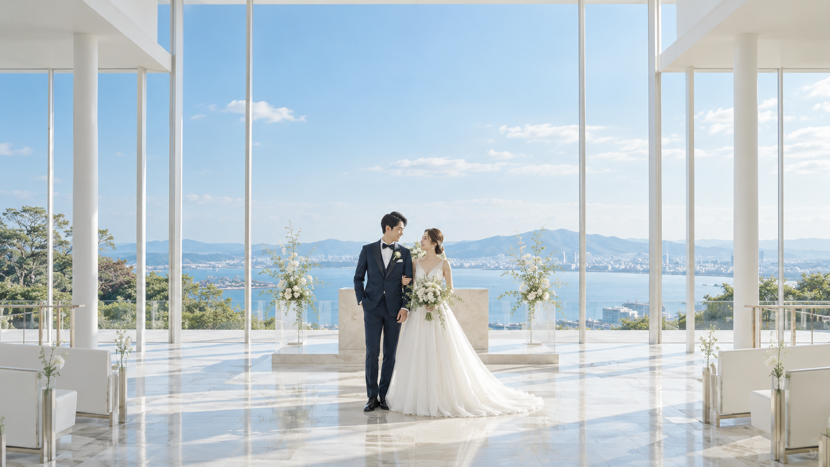 空と海が広がる白いチャペルで並ぶ新郎新婦